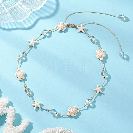 Ocean Starfish Turtle Synthetic Turquoise & Round Moonstone Beaded Adjustable Waxed Nylon Cord Necklaces for Women NJEW-TA00234-1
