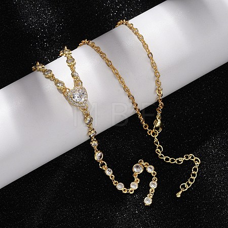 Brass Pave Cubic Zirconia Heart Pendant Y Tassel Necklaces for Women NJEW-A071-01G-08-1