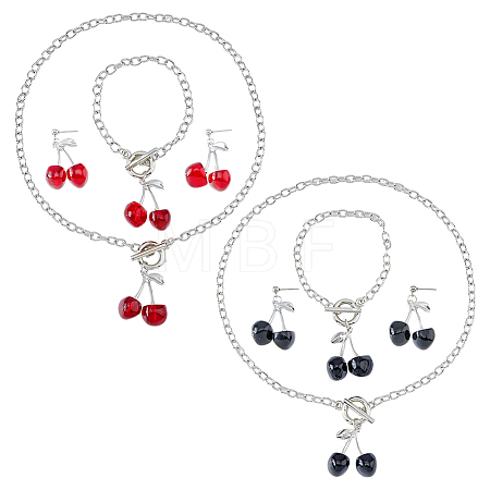2 Set 2 Color Resin Cherry Pendant Necklace & Charm Bracelet & Dangle Stud Earrings SJEW-FI0001-18-1