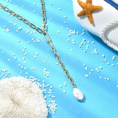 Adjustable Natural Baroque Keshi Pearl Teardrop Pendant Brass Lariat Necklaces NJEW-JN06205-1