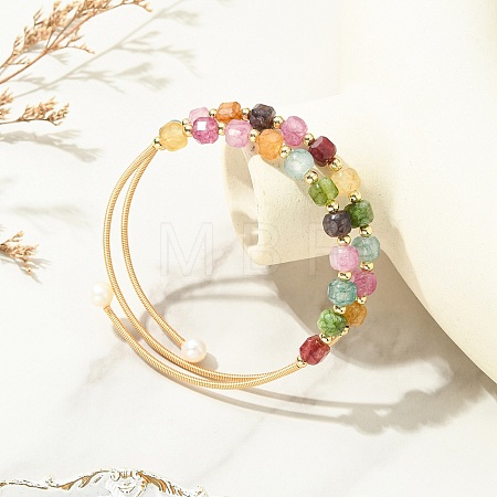 Cube Natural Tourmaline & Freshwater Pearl Beaded Copper French Wire Wrap Cuff Bangles BJEW-JB13984-01-1
