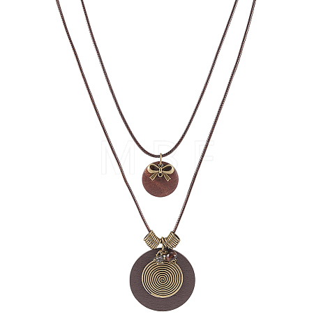 1Pc Bohemian Wood & Alloy Pendant Double Layer Necklaces for Women NJEW-CL0001-37-1
