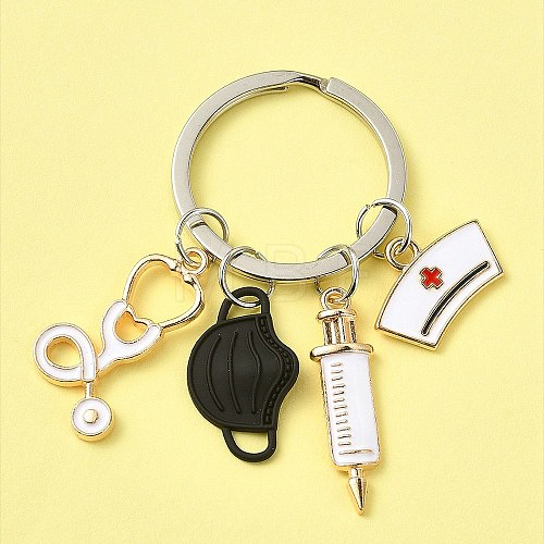 Mask & Nurse Cap & Injection Syringe & Stethoscope Enamel Pendant Keychain KEYC-YW0001-09C-1