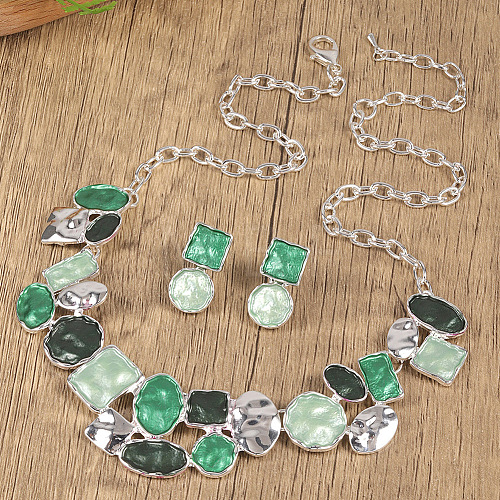 Flat Round & Oval & Square Zinc Alloy Enamel Pendant Necklaces & Stud Earrings Sets WG42338-09-1