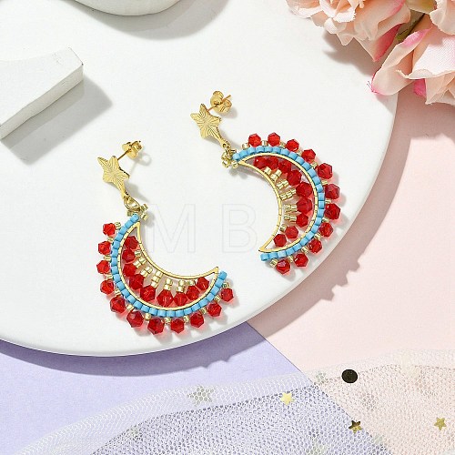 Moon Handmade Glass Seed Beads Dangle Stud Earrings EJEW-MZ00360-02-1