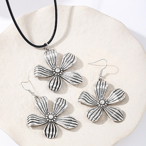 Flower Alloy Dangle Earrings & Wax Cord Pendant Necklaces Sets for Women FS-WG32CFB-02-1