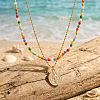 Boho Colorful Glass Seed Beaded Double Layer Necklaces with Stainless Steel Religion Saint Benedict Medal Pendant OL9548-1-2