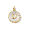 Brass Pave Natural Shell Flat Round with Letter Charms KK-Z115-13G-U-1