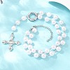 Brass Pave Clear Cubic Zirconia Cross Y Pendant Necklaces with ABS Imitation Pearl Handmade Link Chain NJEW-F364-06P-1