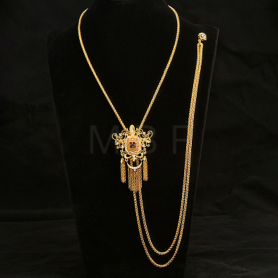 Vintage Gothic Style Brass Pave Cubic Zirconia Flower Long Tassel Lariat Necklace Brooch for Women GO0016-2-1
