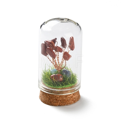 Natural Red Jasper Chips Money Tree in Dome Glass Bell Jars with Wood Base Display Decorations DJEW-K030-02C-1