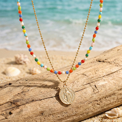 Boho Colorful Glass Seed Beaded Double Layer Necklaces with Stainless Steel Religion Saint Benedict Medal Pendant OL9548-1-1