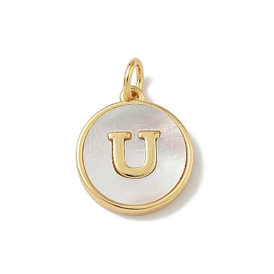 Brass Pave Natural Shell Flat Round with Letter Charms KK-Z115-13G-U-1