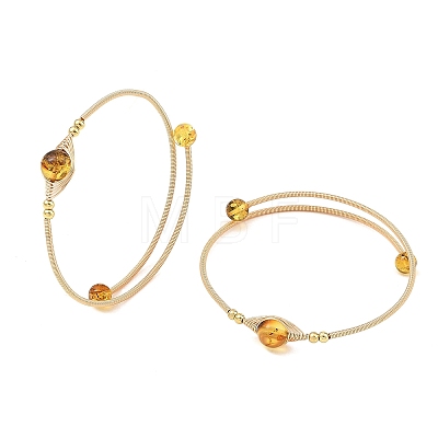 Round Natural Amber Herringbone Wire-Wrapped Cuff Bangles BJEW-JB14498-1