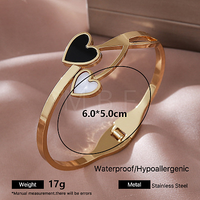 304 Stainless Steel Black Enamel Hinged Cuff Bangles with Natural White Shell for Women LW0071-1-1