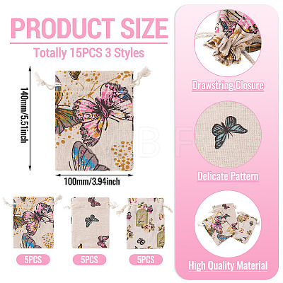 15Pcs 3 Styles Butterfly Printed Polycotton(Polyester Cotton) Packing Pouches Drawstring Bags ABAG-TA0002-14-1