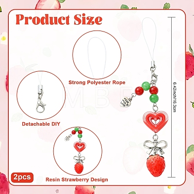 2Pcs Acrylic Heart & Resin Strawberry & Alloy Bowknot & Glass Bead Mobile Straps HJEW-YW00323-1