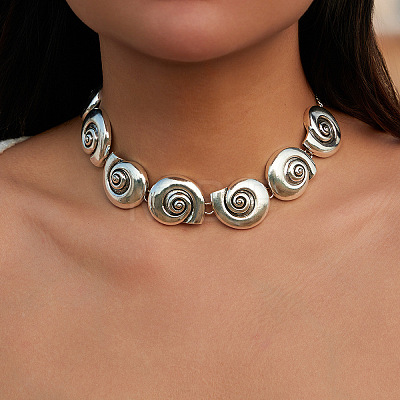Summer Beach Alloy Spiral Shell Shape Link Chain Choker Necklaces for Women WG57653-04-1