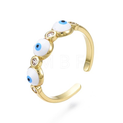 Clear Cubic Zirconia Evil Eye Open Cuff Ring with Enamel for Women RJEW-N035-099-1