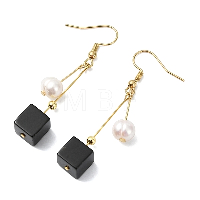 Natural Banded Agate(Dyed & Heated) & 304 Stainless Steel and Natural Cultured Freshwater Pearl Dangle Earrings EJEW-JE07108-1