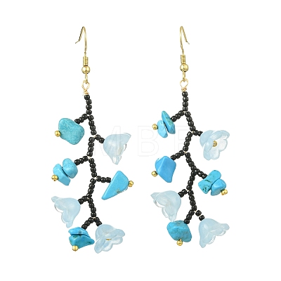 Glass Seed with Natural South Red Agate & Synthetic Turquoise & Natural Rose Quartz Dangle Cluster Earrings EJEW-MZ00726-1