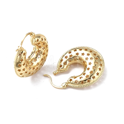Brass Croissant with Star Thick Hoop Earrings for Women EJEW-P214-12G-1