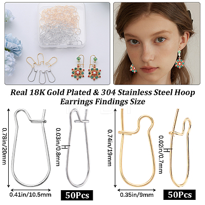 CREATCABIN 100Pcs 2 Styles 304 Stainless Steel & Brass Hoop Earrings Findings STAS-CN0001-47-1