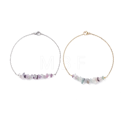 2Pcs 2 Color Natural Fluorite Chips Beaded Anklets Set with 304 Stainless Steel Cable Chains AJEW-AN00481-02-1