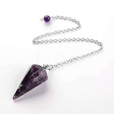 Platinum Tone Brass Amethyst Cone Hexagonal Pointed Dowsing Pendulums MAK-M015-01B-1