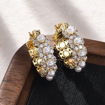 Flower Brass ABS Imitation Pearl Hoop Earrings EJEW-R016-22G-1