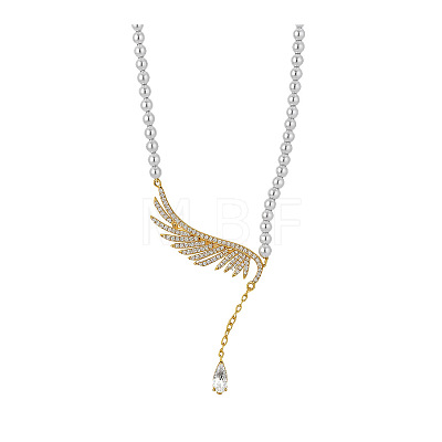 Brass Micro Pave Cubic Zirconia Wing Pendant Imitation Pearl White Round Beaded Necklaces for Women WG2CE1B-01-1