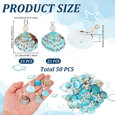 50Pcs 2 Colors Dyed Natural Shell & Imitaiton Round White Pearl Pendants SHEL-NB0001-70-1