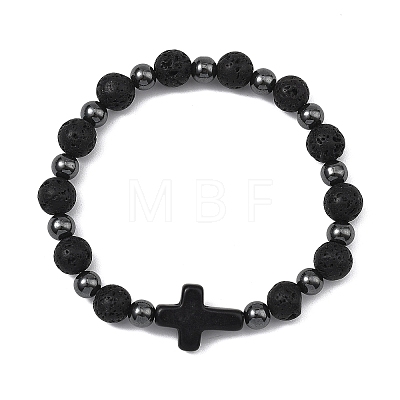 Natural Lava Rock & Synthetic Turquoise & Non-magnetic Hematite Cross & Round Beaded Stretch Bracelets for Women Men BJEW-JB13930-1