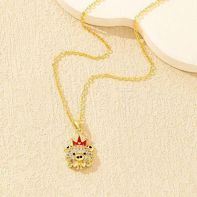Brass Micro Pave Clear Cubic Zirconia and Enamel Bear with Red Crown Pendant Necklaces for Women WGF3CC5-01-1
