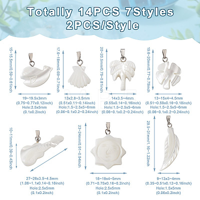 Craftdady 14Pcs 7 Styles Natural Freshwater Shell Pendants SHEL-CD0001-05-1