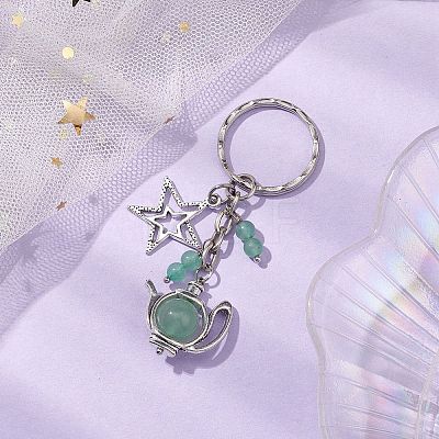 Star & Teapot Matural Green Aventurine Keychain HJEW-JM02038-1