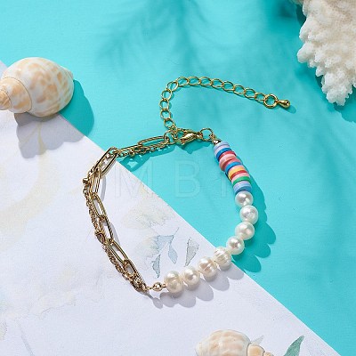 Natural Pearl & Polymer Clay Beaded Bracelet with 304 Stainless Steel Paperclip Chains for Women BJEW-JB08844-1