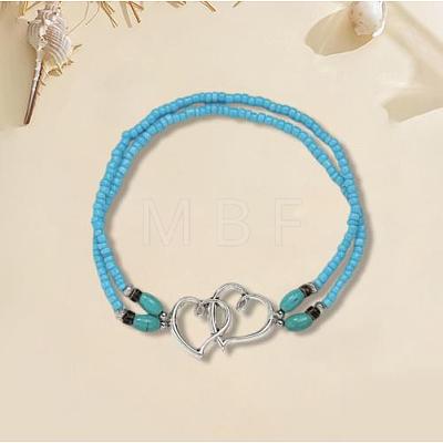 Glass Seed Beads & Alloy Heart Link Anklets WGBE152-14-1