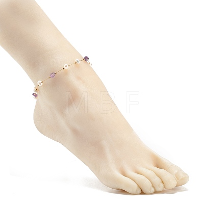 Natural Amethyst & Pearl Beaded Anklet AJEW-AN00500-03-1