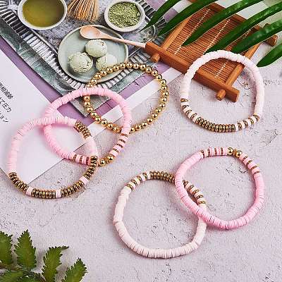 Synthetic Hematite & Polymer Clay Heishi Beads Stretch Bracelets Set BJEW-PH01487-01-1