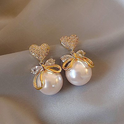 Valentine's Day Heart with Bowknot Alloy Rhinestone Dangle Stud Earrings EJEW-F408-02G-1