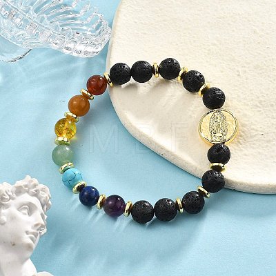 Natural & Synthetic Mixed Gemstone & Brass Virgin Mary Beaded Stretch Bracelet for Women BJEW-JB09322-1