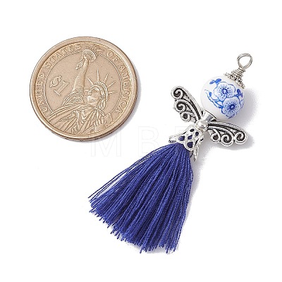 Porcelain Beaded with Polycotton Tassel Big Pendants PALLOY-JF02986-04-1