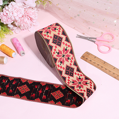 Rhombus Pattern Ethnic Style Embroidery Floral Polyester Ribbons OCOR-WH0070-324A-1
