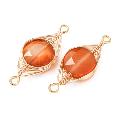 Natural Carnelian Faceted Hexagonal Cut Flat Round Links Connector Charms with Copper Herringbone Wire-Wrapped KK-Z152-07G-03-1