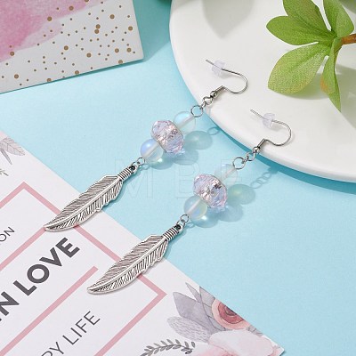 Feather with Round Beads Long Dangle Earrings for Girl Women EJEW-JE04681-03-1