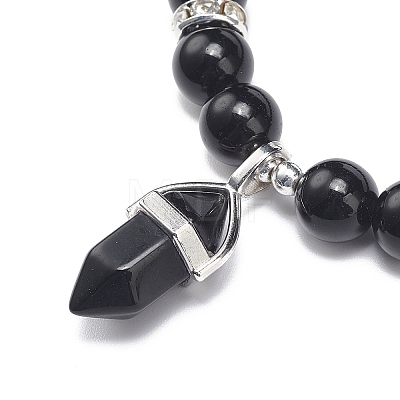 Natural Obsidian Round Beaded Stretch Bracelet with Bullet Charms BJEW-JB09018-05-1