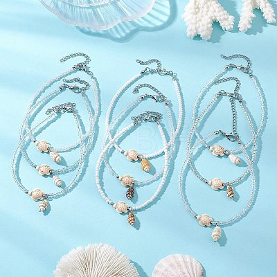 9Pcs 9 Styles Summer Beach Natural Shell Charms Glass Beaded Anklets AJEW-AN00777-1