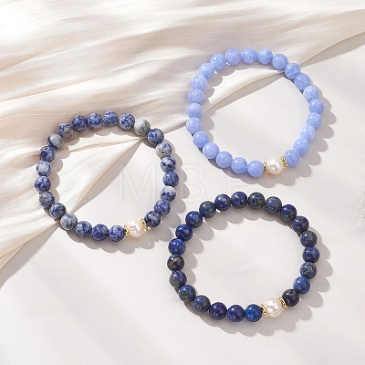 3Pcs Round Natural Blue Spot Jasper & Dyed Blue Lace Agate & Lapis Lazuli & Pearl Beaded Stackable Stretch Bracelets Sets BJEW-JB12992-1