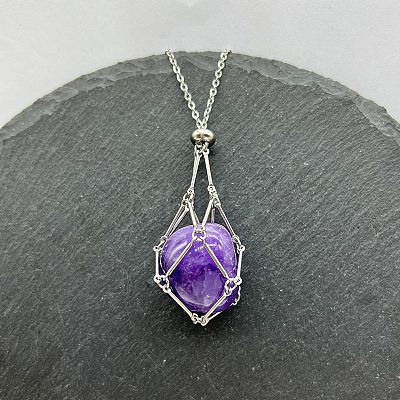 Natural Amethyst Nuggets Macrame Pouch Pendant 201 Stainless Steel Chain Necklaces FS-WG7A779-04-1